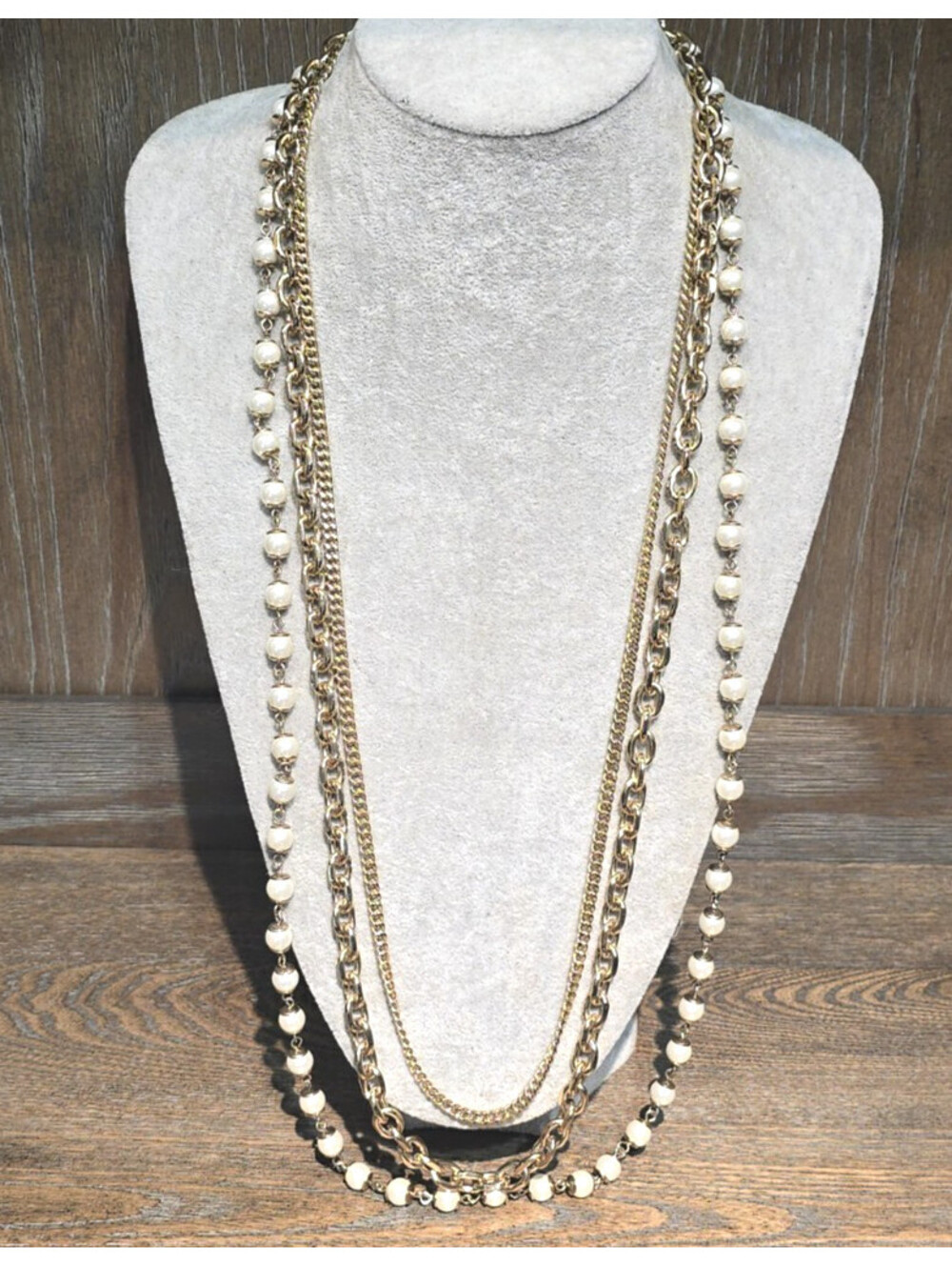 Ann Taylor Gold Tone 3 Row Long Necklace Faux Pearl